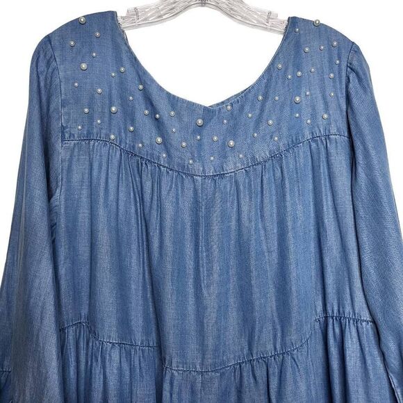 Elliott & Vine Blue Tiered Chambray Tencel Pearl Bell Sleeves Dress Size 3X - Picture 3 of 9